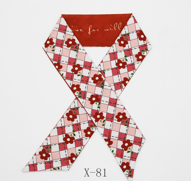 スカーフ 花柄チェック細スカーフ 長方形ツイリー