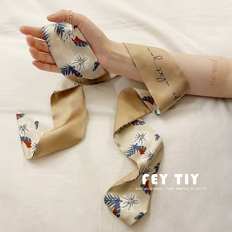 スカーフ 花柄細長スカーフ バッグ飾り首元アクセント