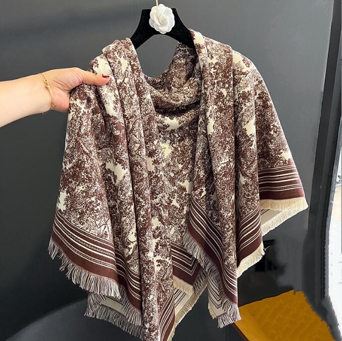 スカーフ 秋冬レディース大判スカーフ上品花柄フリンジ付き全6色