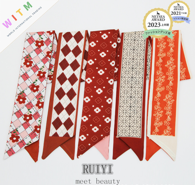 スカーフ 花柄チェック細スカーフ 長方形ツイリー