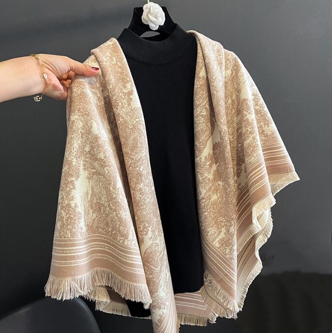 スカーフ 秋冬レディース大判スカーフ上品花柄フリンジ付き全6色