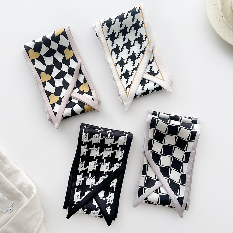 スカーフ モノトーン幾何学柄細スカーフ首元バッグ装飾ツイリー