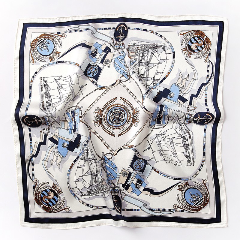 海洋航海モチーフ縁取りシルク　スカーフ