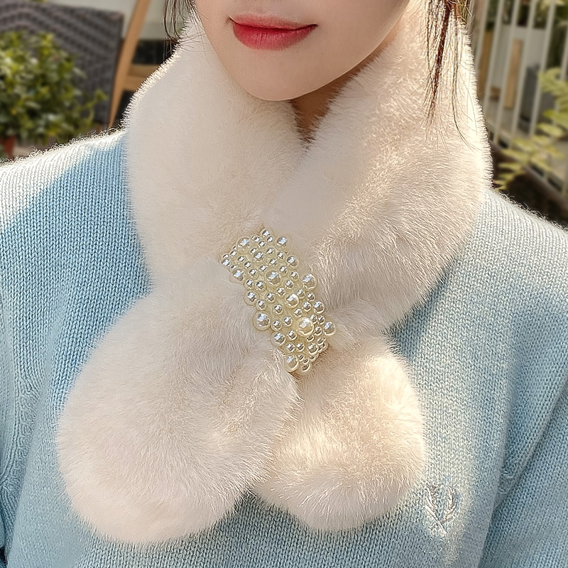 スカーフ パール飾り付きふわふわファースカーフ