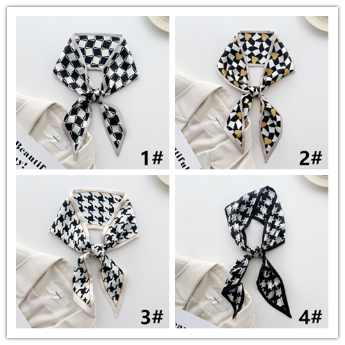 スカーフ モノトーン幾何学柄細スカーフ首元バッグ装飾ツイリー