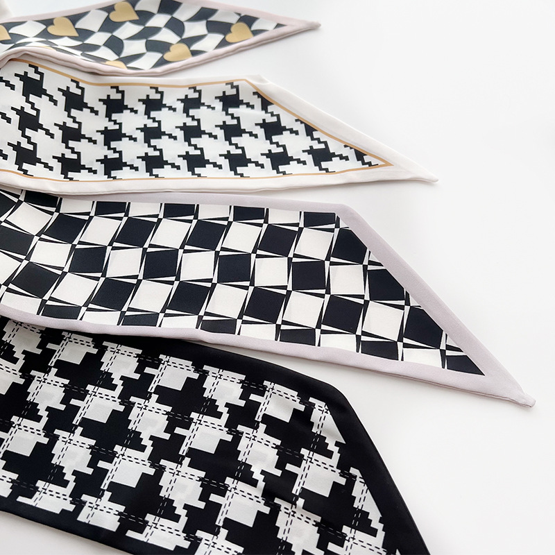 スカーフ モノトーン幾何学柄細スカーフ首元バッグ装飾ツイリー