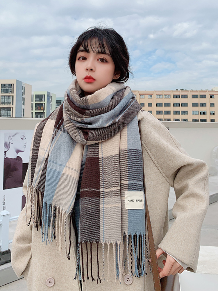スカーフ 職人手作り格子柄フリンジマフラー