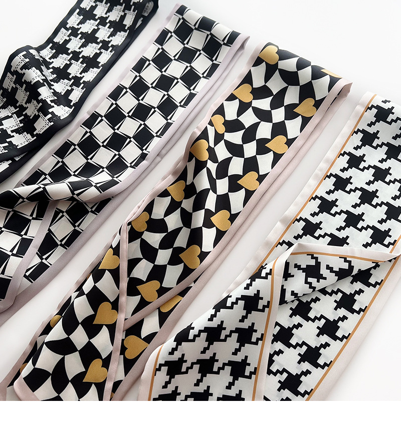 スカーフ モノトーン幾何学柄細スカーフ首元バッグ装飾ツイリー