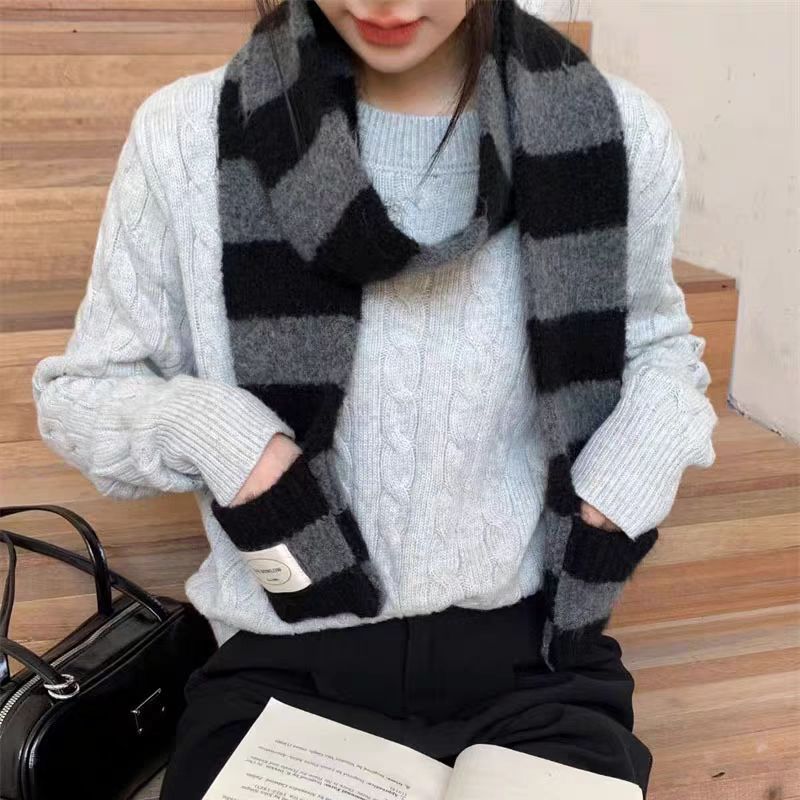 スカーフ 太ボーダー柄ふわもこニット　マフラー