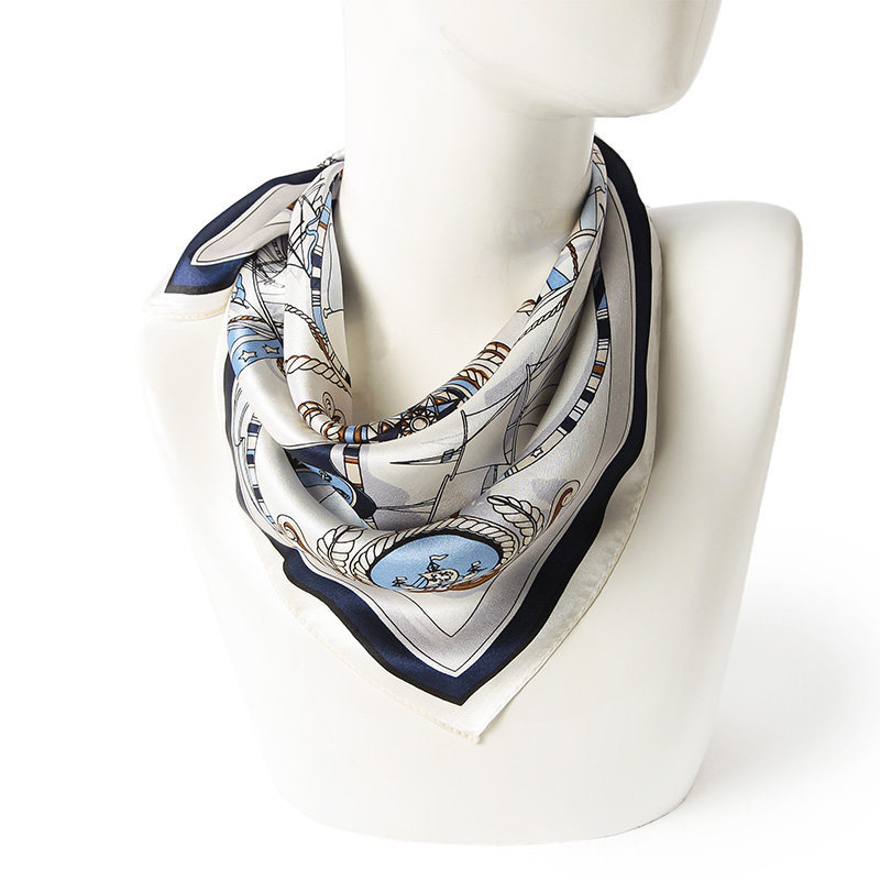 海洋航海モチーフ縁取りシルク　スカーフ