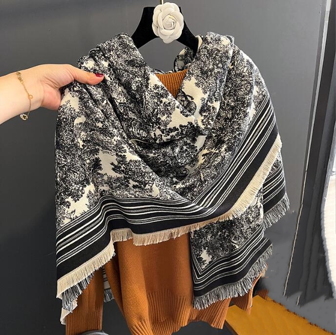 スカーフ 秋冬レディース大判スカーフ上品花柄フリンジ付き全6色