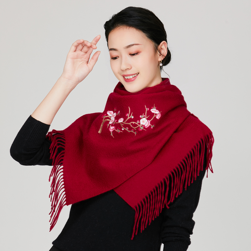 スカーフ 花鳥刺繍入りフリンジマフラー