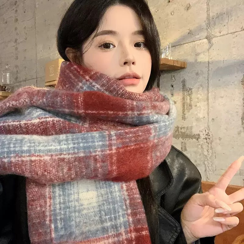 スカーフ チェック柄ふわふわフリンジ付きロング大判　マフラー