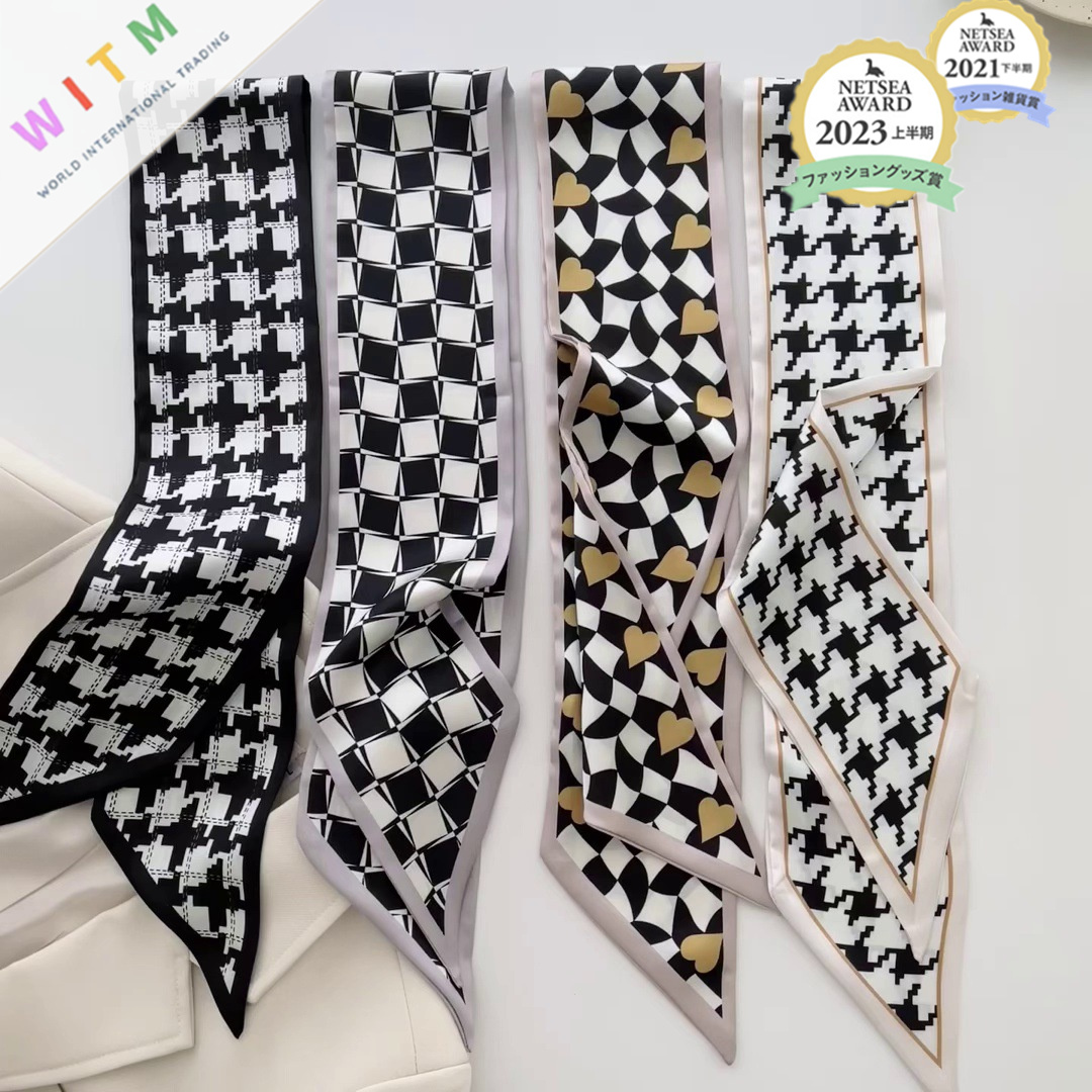 スカーフ モノトーン幾何学柄細スカーフ首元バッグ装飾ツイリー