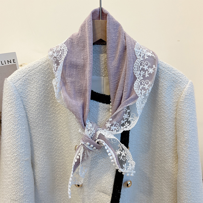 花刺繍レース縁取りポンポン付きスカーフ