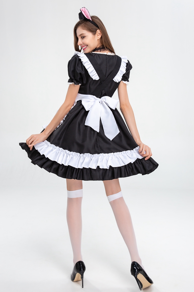 黒白猫耳メイド服 フリル付きコスプレ衣装
