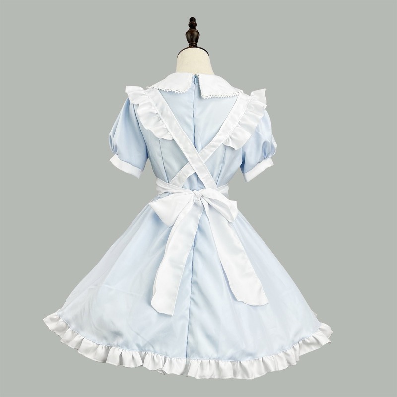 青リボン付き白メイド服ワンピース コスプレ衣装