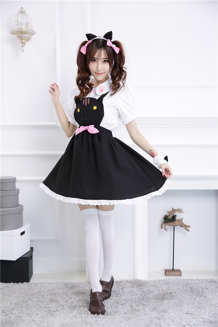 猫耳付きフレンチメイド服ワンピース可愛い動物柄衣装