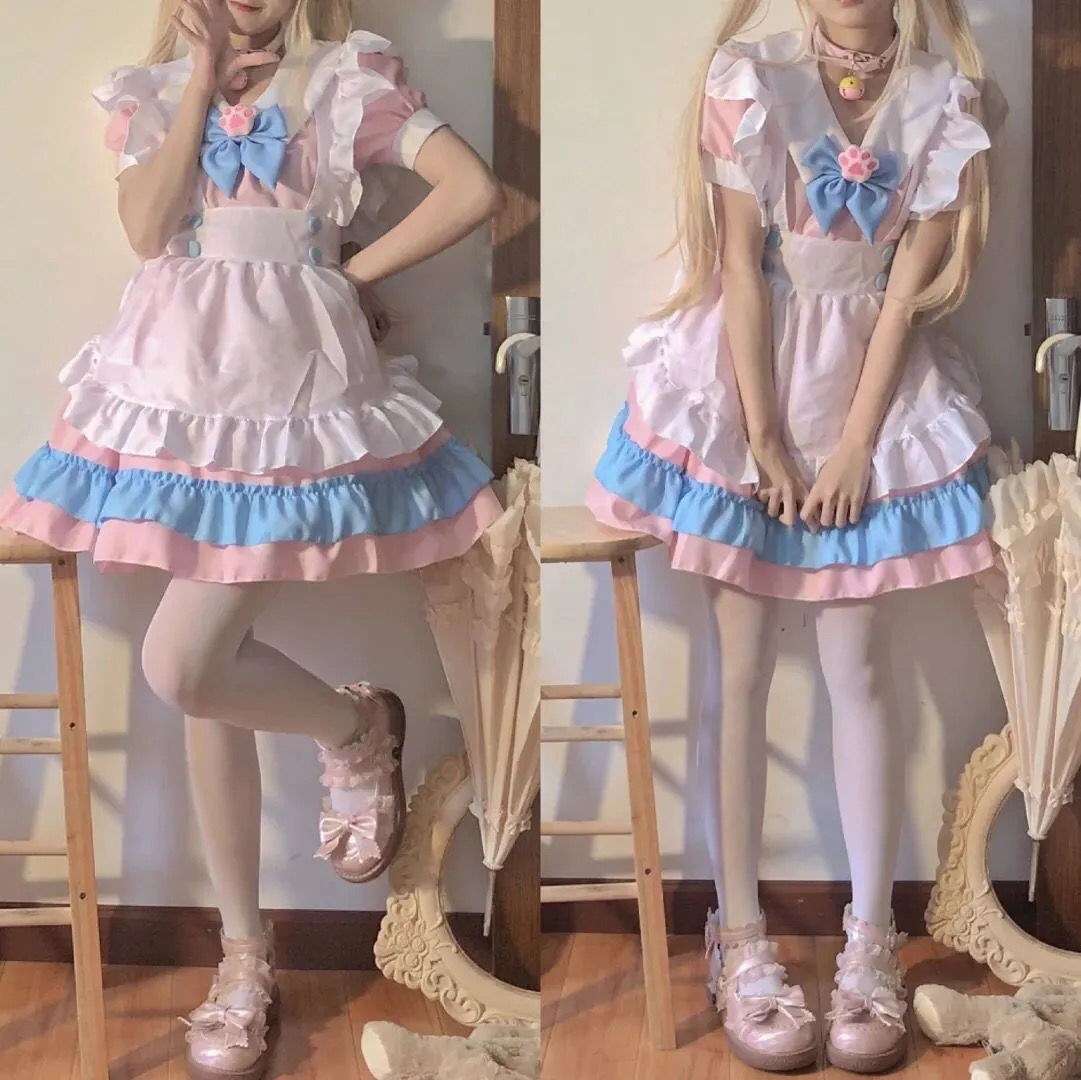 メイド服 メイド風フリルドレス 猫耳リボン付き