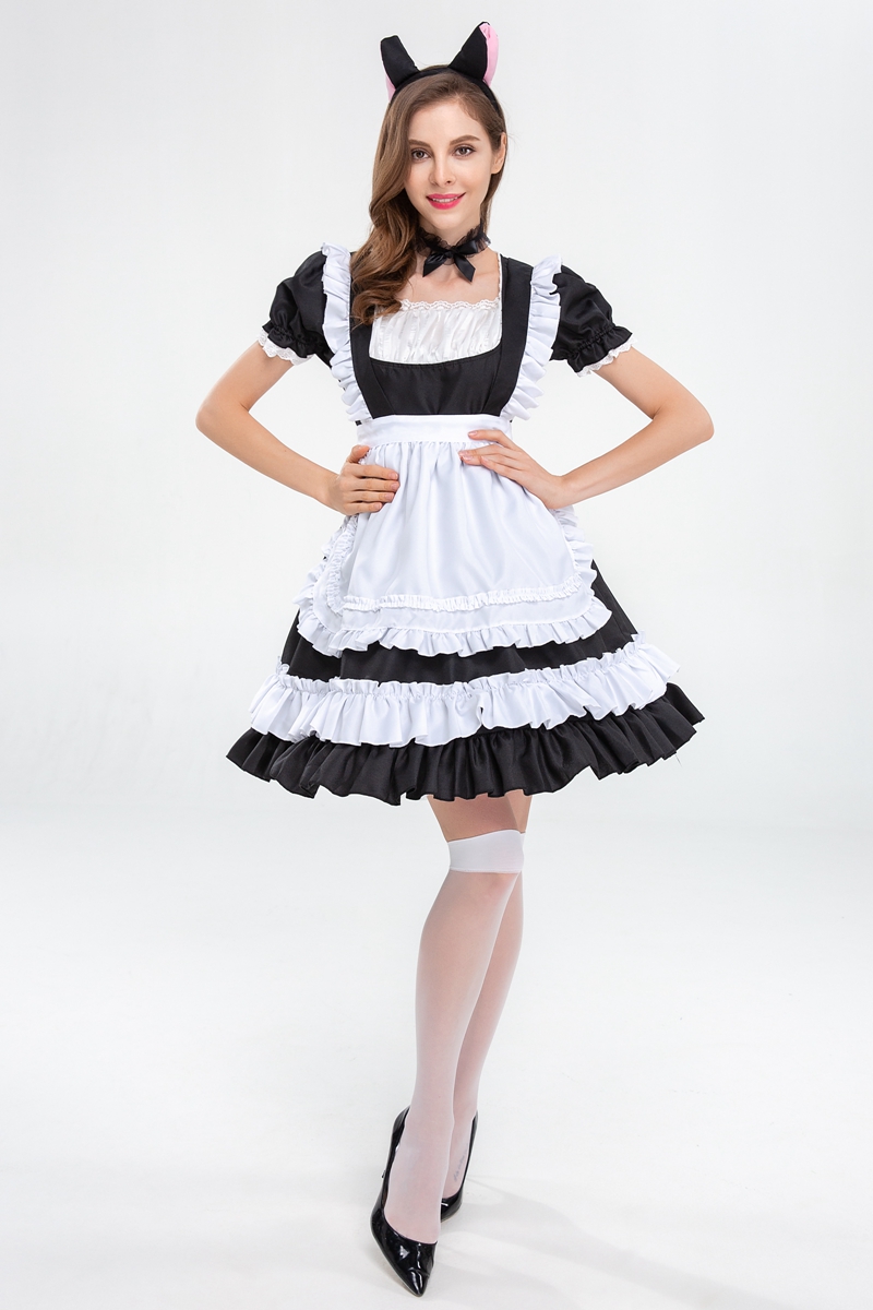 黒白猫耳メイド服 フリル付きコスプレ衣装