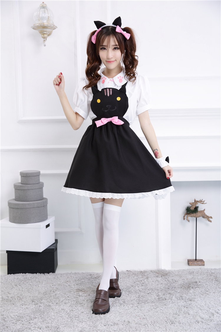 猫耳付きフレンチメイド服ワンピース可愛い動物柄衣装