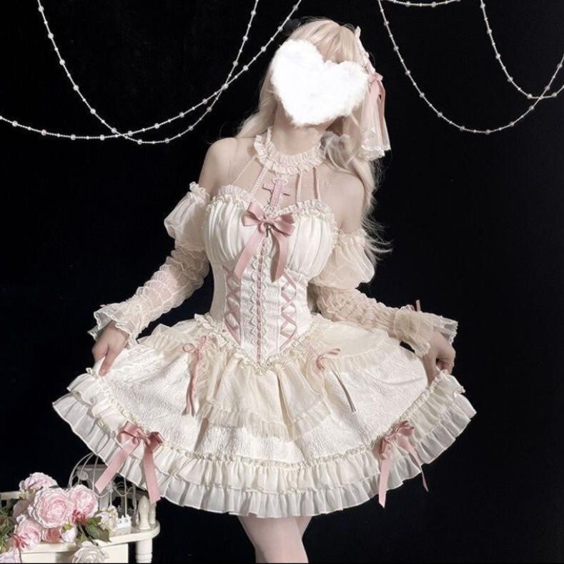 華やか姫系 白メイド服 フリルワンピース セット