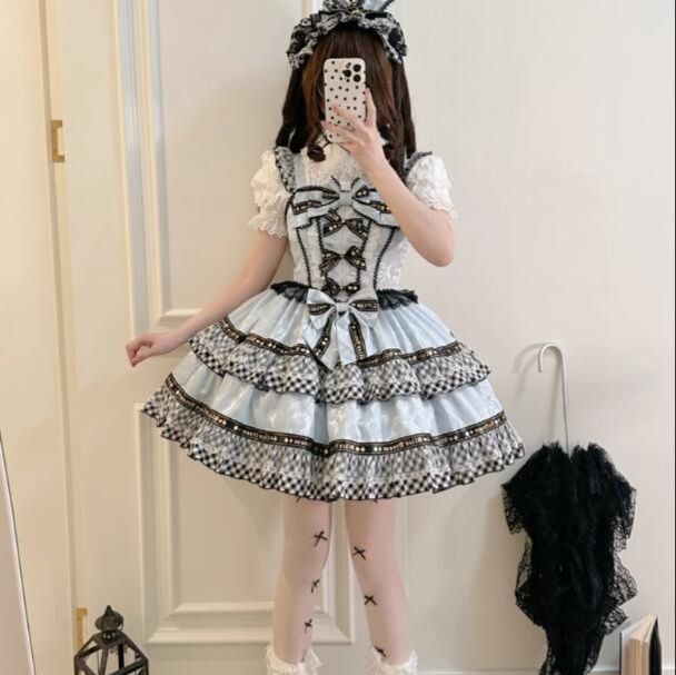 【新作】白×黒チェック リボン付き 豪華メイド服 ハロウィン衣装