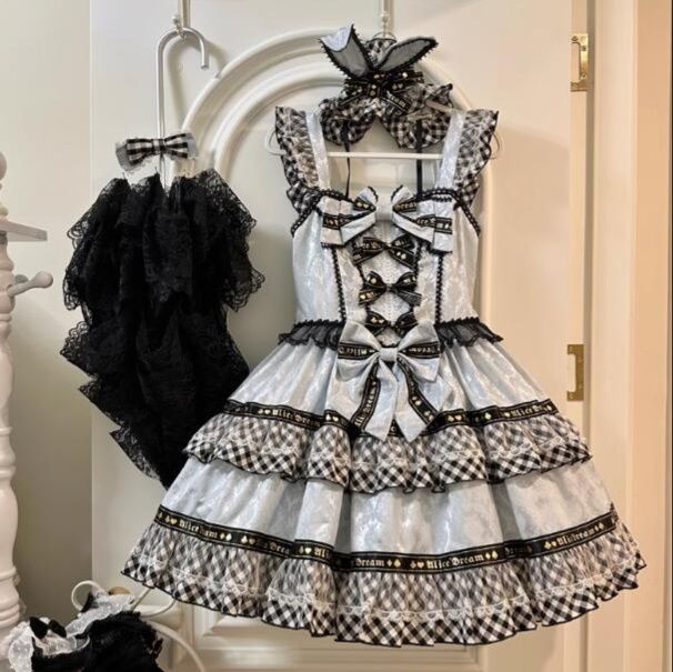 【新作】白×黒チェック リボン付き 豪華メイド服 ハロウィン衣装