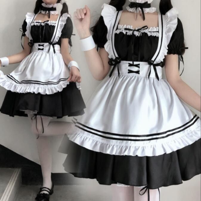 高品質 黒白配色 メイド服 コスプレ衣装 定番デザイン