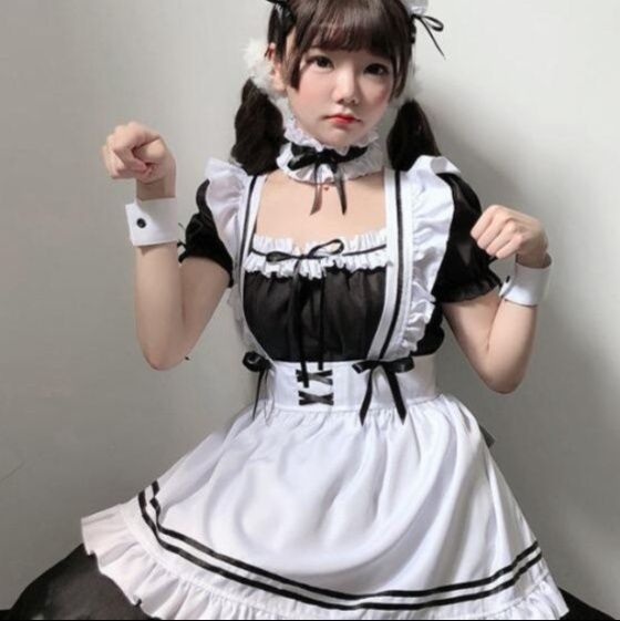 高品質 黒白配色 メイド服 コスプレ衣装 定番デザイン