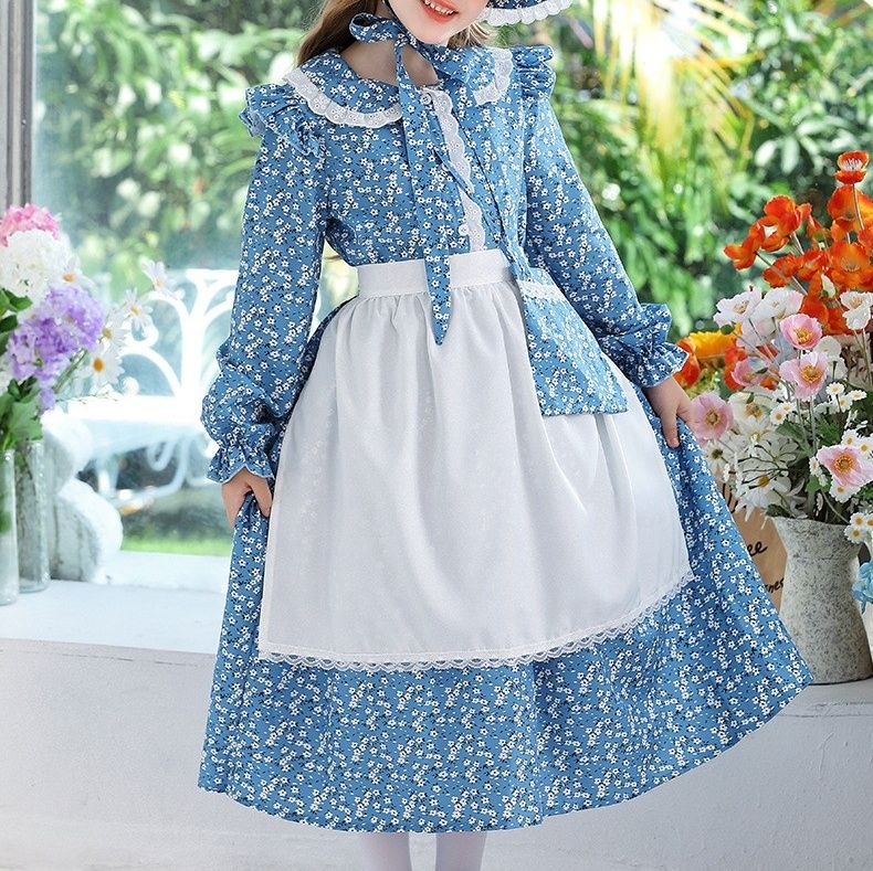 メイド服 小花柄フリル襟長袖メイド風ワンピース帽子付き