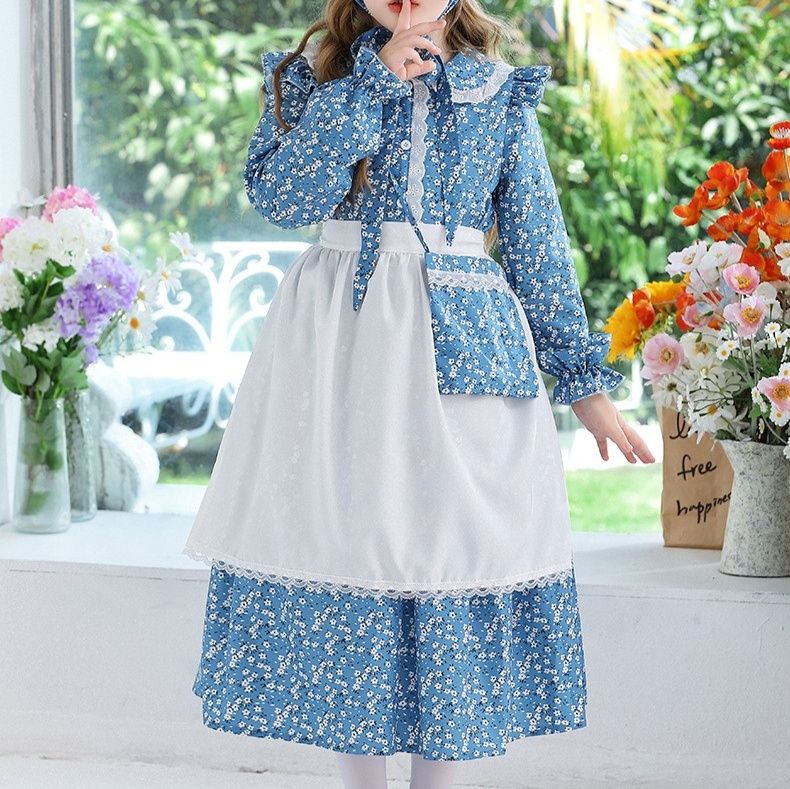 メイド服 小花柄フリル襟長袖メイド風ワンピース帽子付き