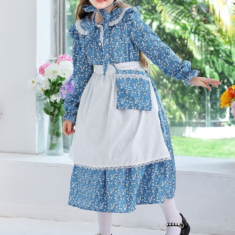 メイド服 小花柄フリル襟長袖メイド風ワンピース帽子付き