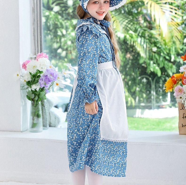 メイド服 小花柄フリル襟長袖メイド風ワンピース帽子付き