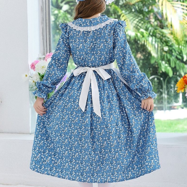 メイド服 小花柄フリル襟長袖メイド風ワンピース帽子付き