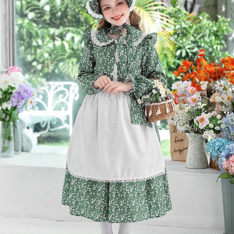 メイド服 小花柄フリル襟長袖メイド風ワンピース帽子付き