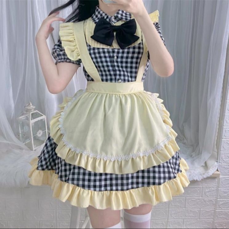 黒白チェック柄 ふんわり優しい着心地 メイド服