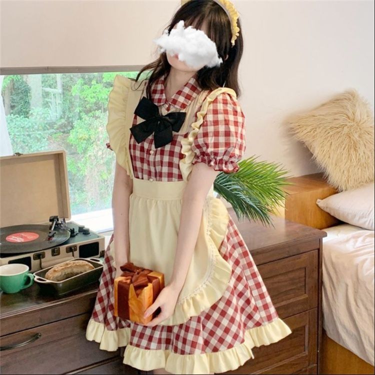 黒白チェック柄 ふんわり優しい着心地 メイド服