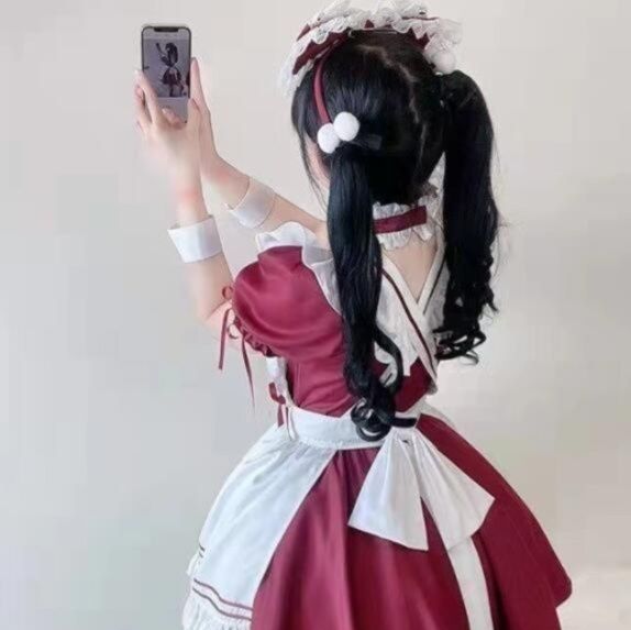 二次元風 赤メイド服 フリル付き コスプレ衣装