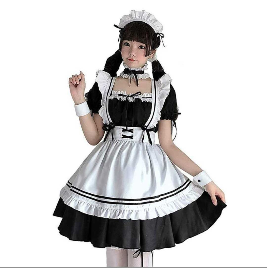 黒メイド服 定番コスプレ衣装 白エプロン付き ハロウィン仮装
