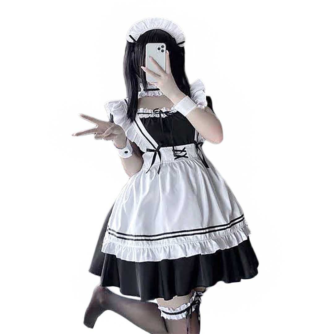 黒メイド服 定番コスプレ衣装 白エプロン付き ハロウィン仮装