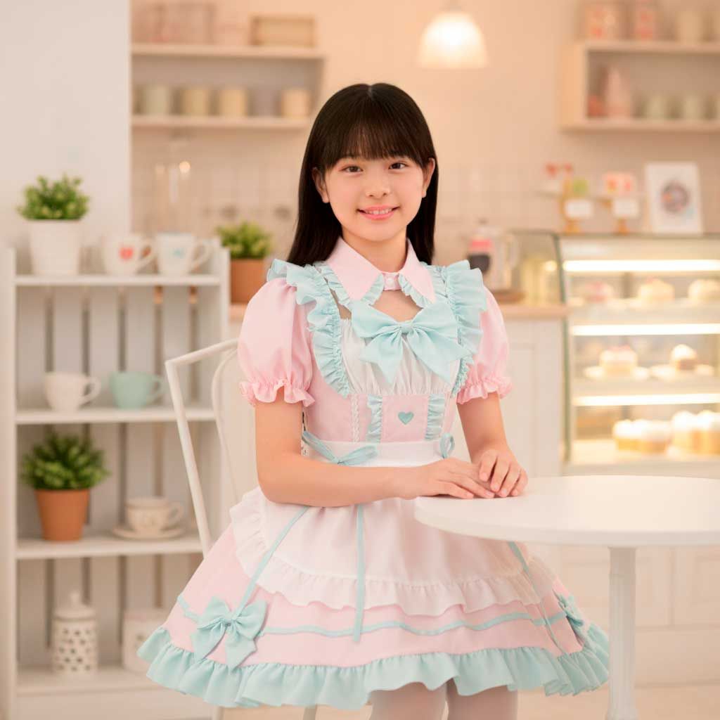 新品 緑フリル可愛いメイド服 桃色ワンピース