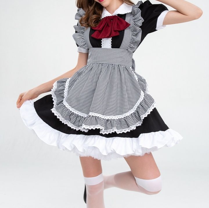 フレンチ風チェック柄エプロンメイド服衣装
