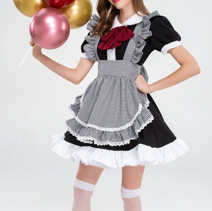 フレンチ風チェック柄エプロンメイド服衣装
