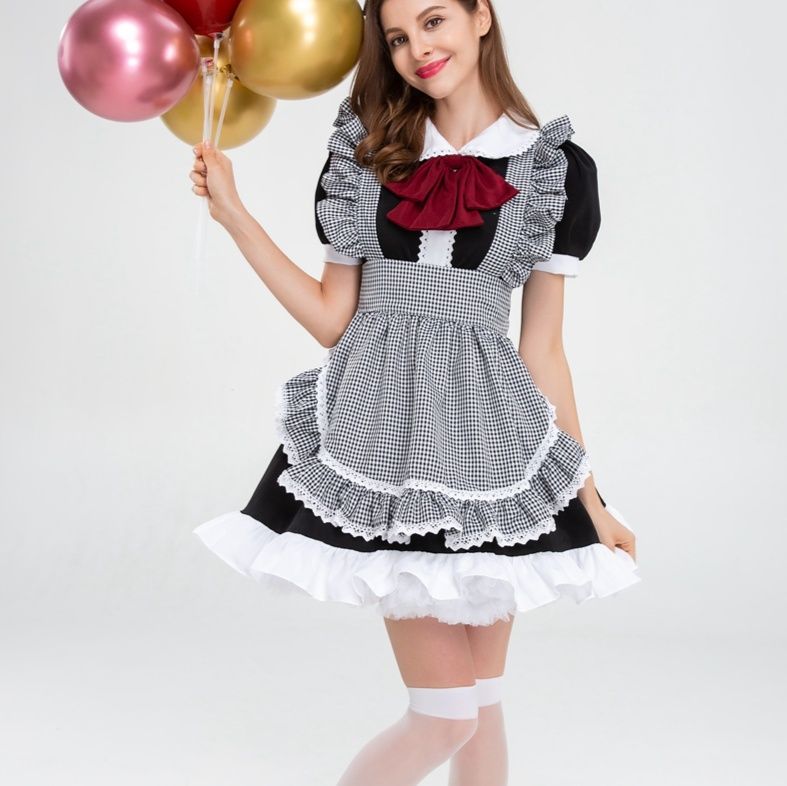 フレンチ風チェック柄エプロンメイド服衣装