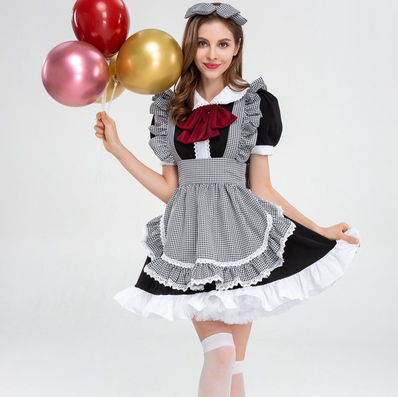 フレンチ風チェック柄エプロンメイド服衣装