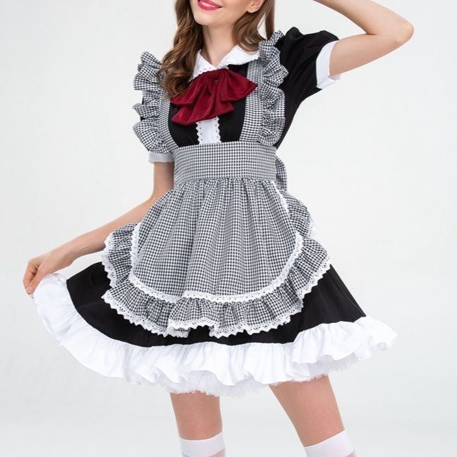 フレンチ風チェック柄エプロンメイド服衣装