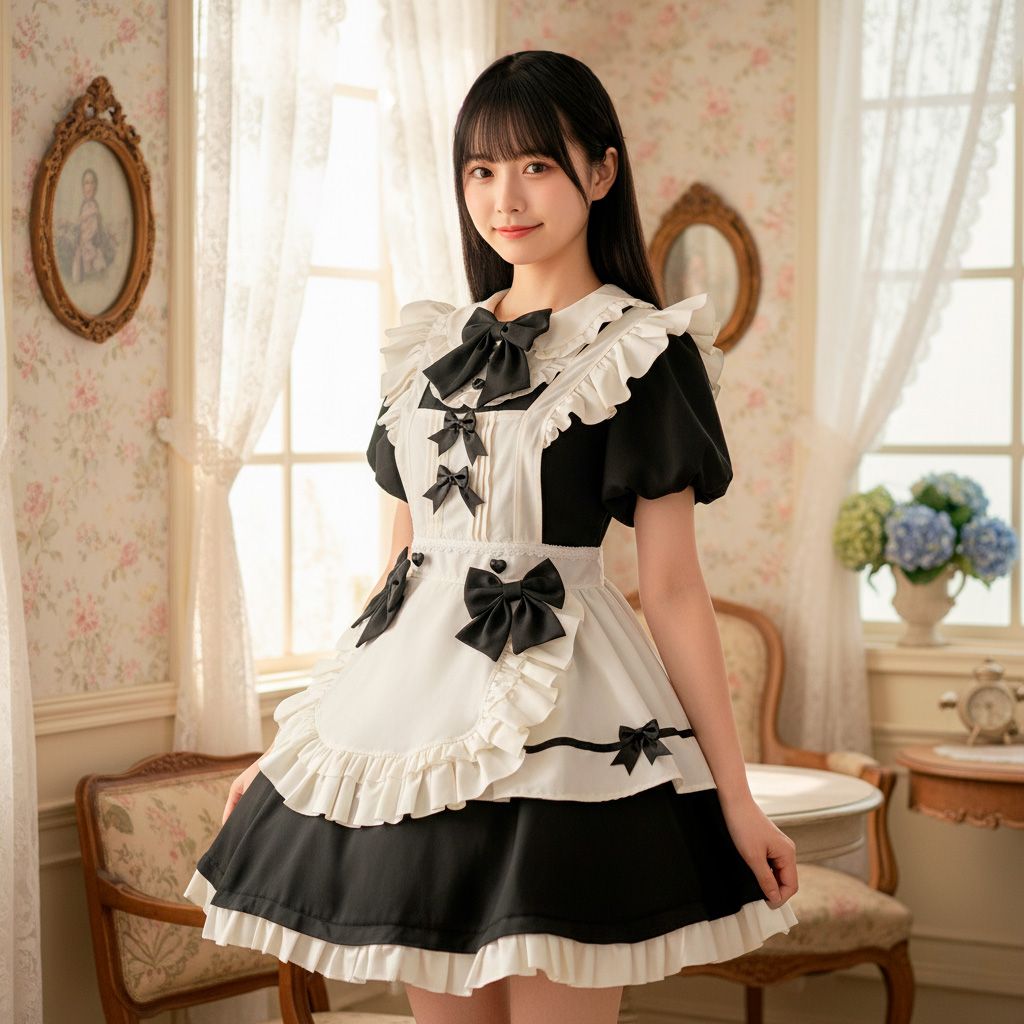 フレンチメイド服 ワンピース 黒白 フリル コスプレ衣装