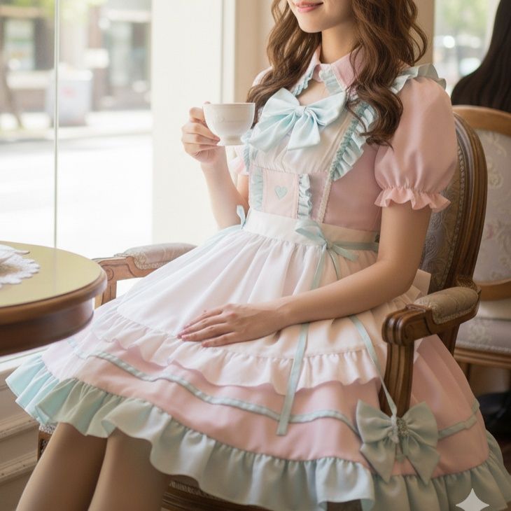 新品 緑フリル可愛いメイド服 桃色ワンピース