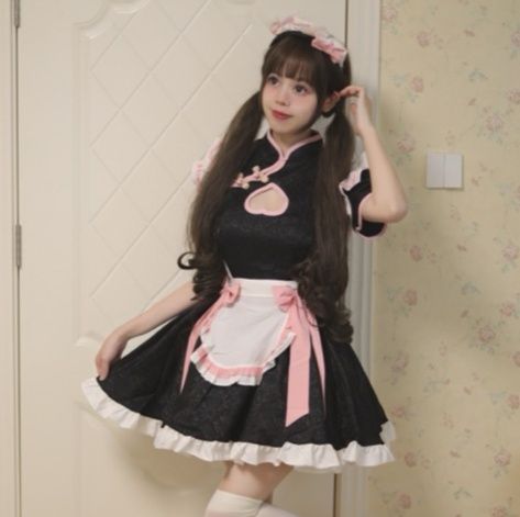 チャイナ風メイド服ワンピース黒桃リボン付きコスプレ衣装